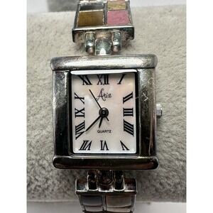 Aria Sterling Silver Ladies MOP Watch New Battery 19MM 6.75" Stone Inlays L25
